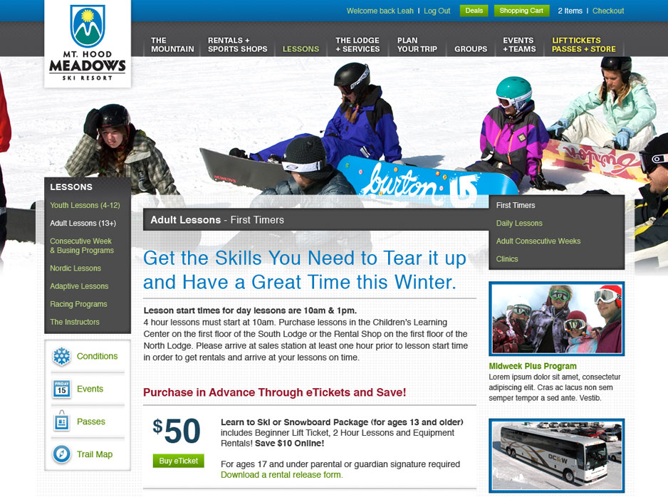 Mt. Hood Meadows Ski Resort Lessons Page